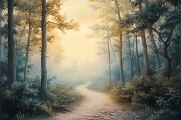 Fototapeta premium A Path Through a Misty Forest with Golden Sunlight