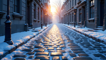 Charming snow-covered cobblestone street at sunset with warm light and quiet buildings in winter setting
