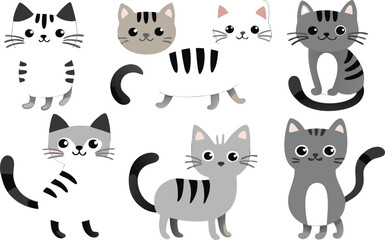 Cute Cartoon Cats Set, Black White Grey Striped