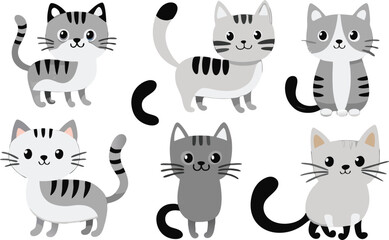 Cute Cartoon Grey Striped Cats Set Illustration