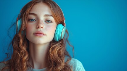 The girl listens to music in headphones on a vibrant blue background