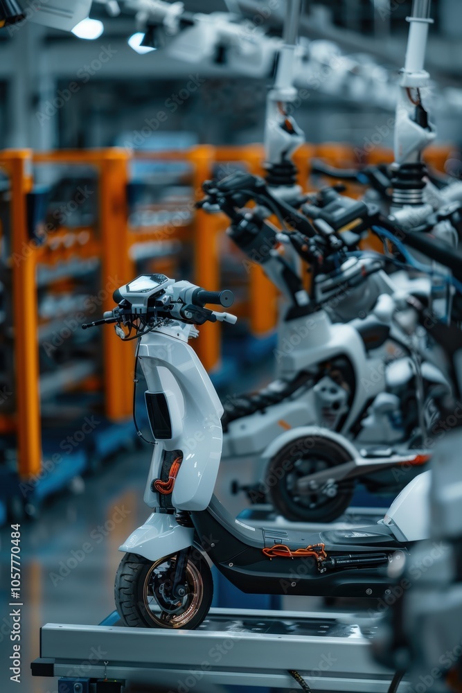 Aufkleber futuristic automated factory assembling electric scooters with robotic precision