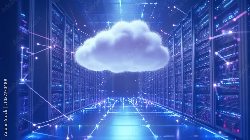 Poster the concept of cloud computing, where a digital cloud floats above servers and connected devices, re