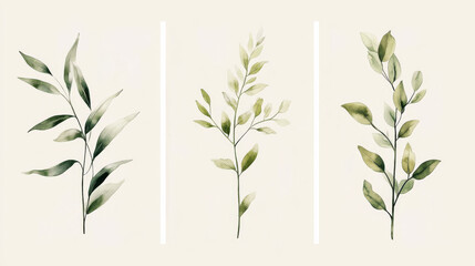 Fototapeta premium Minimalist wall art for bedroom decor in a boho style, featuring a set of three abstract botanical prints.