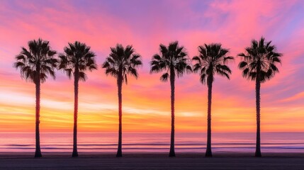 Silhouetted palm trees stand tall against a vibrant sunrise over the ocean.
