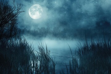 A Foggy Night Scene with a Full Moon Over a Still Lake