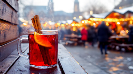 Hot Glühwein at German Winter Market in Evening
