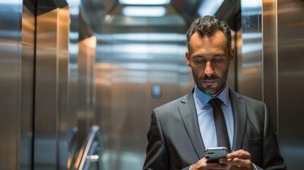 Mid adult businessman using cell phone in elevator, looking focused, modern office environment