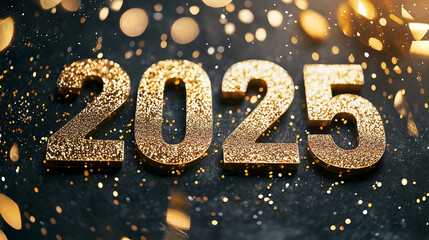 Glittering gold 2025 numbers with sparkling confetti and festive atmosphere