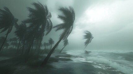 Obraz premium Gale-force winds bending palm trees during a tropical storm, extreme weather, powerful wind.