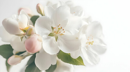 A close-up of delicate white flowers with soft pink buds and green leaves.