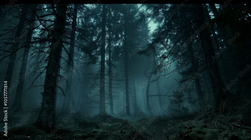 Aufkleber Mist-covered forest with dark trees and eerie atmosphere, faint light filtering through fog