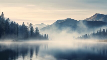 Fototapeta premium Mist-covered lake with mountains in the background, serene atmosphere, soft morning light
