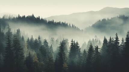 Fototapeta premium Misty fir forest landscape, vintage retro vibe, soft light, cool color palette, ample copy space