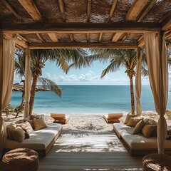 Obraz premium Ocean Beachside Romantic Floral Canopy Bed Elegant Relaxing Scenic View picture