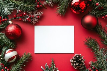 Blank Sheet with White Paper Page on a Red Plain Color. Christmas Decorations. Invitation, Wish List Mock-Up. Empty Notebook. Resolutions, plan, goals, checklist idea. Top view. New Year Xmas banner.