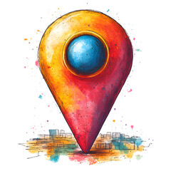 Colorful artistic illustration of a location pin with a blue center set against a vibrant watercolor background showcasing a cityscape