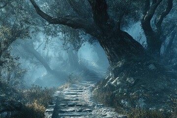 Obraz premium A Stone Path Through a Misty, Dark Forest