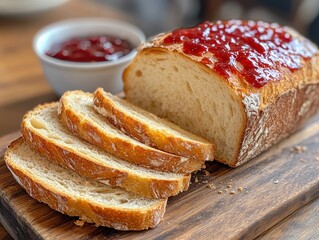 Freshly sliced rustic sourdough loaf with butter and jam on a wooden cutting board, inviting and warm setting, perfect for a cozy meal