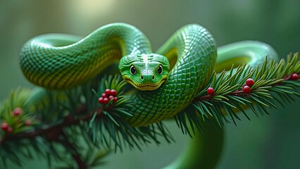 Fototapeta premium A large green snake, a symbol of 2025, on a Christmas tree branch decorated with red balls.
