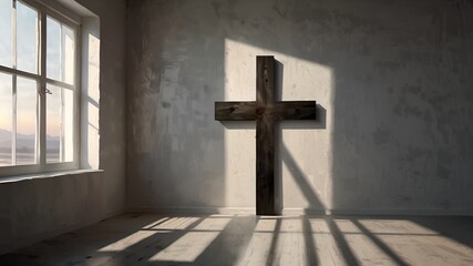 Fototapeta premium Black wooden cross in praying room, Christian church interior. with light coming out from window.