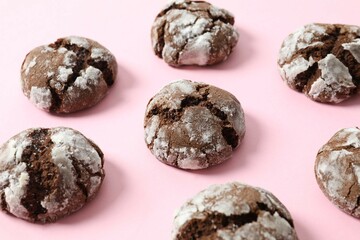 Delicious brownie cookies on color background