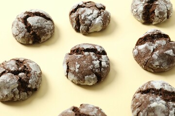 Delicious brownie cookies on color background