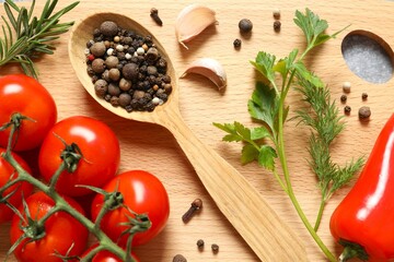 Fresh vegetables with herbs and spices, top view