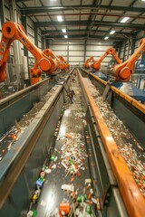 Naklejka premium Robotic Innovation in Eco-Friendly Paper Recycling Plant for Sustainability and Efficiency