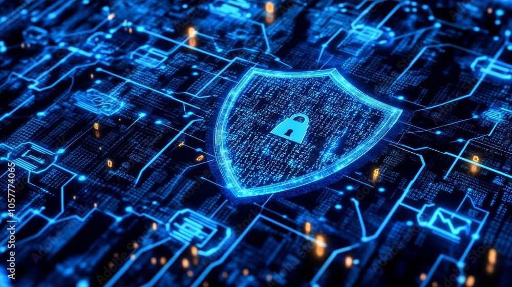 Poster the concept of cybersecurity, with its digital shield of information, surrounded by code and encrypt