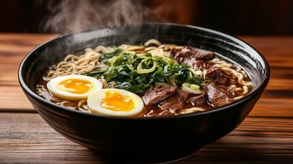 A steaming bowl of Ramen noodle soup, garnished with fresh cilantro and spices on a rustic wooden table.