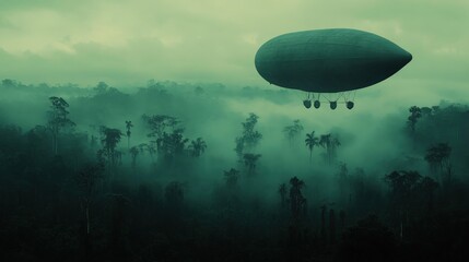 A large, gray blimp floats above a misty, green jungle.