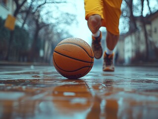 Basketball on a Court with Players in the Background. AI generated