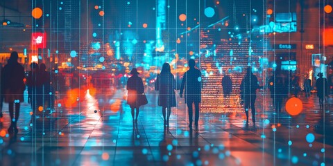 An abstract cityscape featuring glowing lights and silhouettes of people against a backdrop of vibrant urban colors.