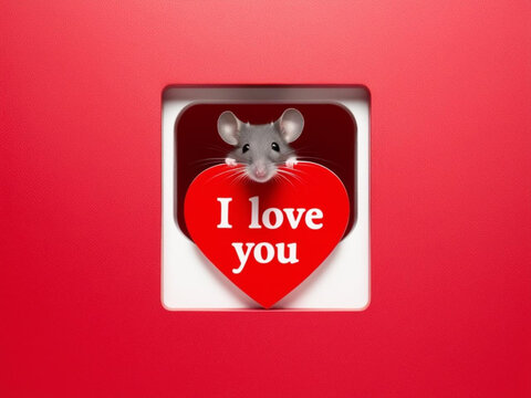 A mouse on a red background holds the inscription I love you 