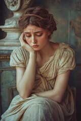 Fototapeta premium Thoughtful woman in vintage attire sits with eyes closed, expressing deep emotions within a classically styled room.