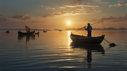 scene of a fisherman&rsquo;s boat actively catching fish on a calm, open sea at sunrise time