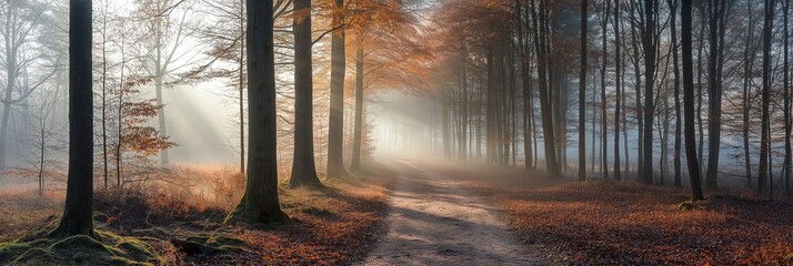 A scenic forest path bathed in soft autumn sunlight, creating an ethereal glow among tall trees and fallen leaves.