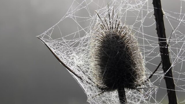 Herbststimmung mit dekorativen Spinnf&auml;den an Pflanzen, Wilde Karde, Dipsacus fullonum, Tautropfen