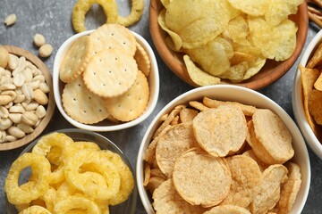 Various unhealthy snacks on table