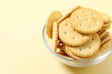 Delicious crispy crackers cookies on wooden background