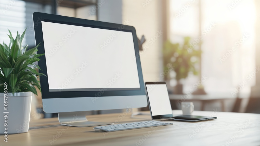 Poster office desk with monitor laptop tablet smartphone arranged neatly free space background