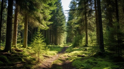 Fototapeta premium Old spruce, fir, and pine trees in a dense forest, vibrant green leaves, calm atmosphere