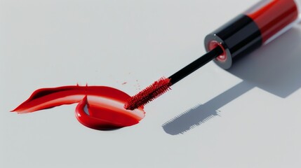 Open red lip gloss tube with brush and smear on a white surface