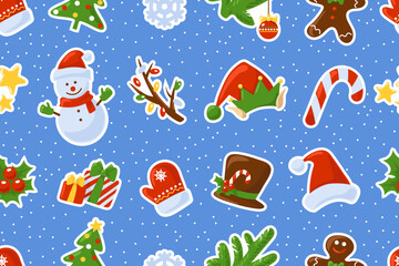 Christmas seamless pattern. Winter pattern with snowman, Santa and elf hat, holly berries, mittens, candy cane, gingerbread man, snowflakes. Blue background. Festive print. Vector illustration.