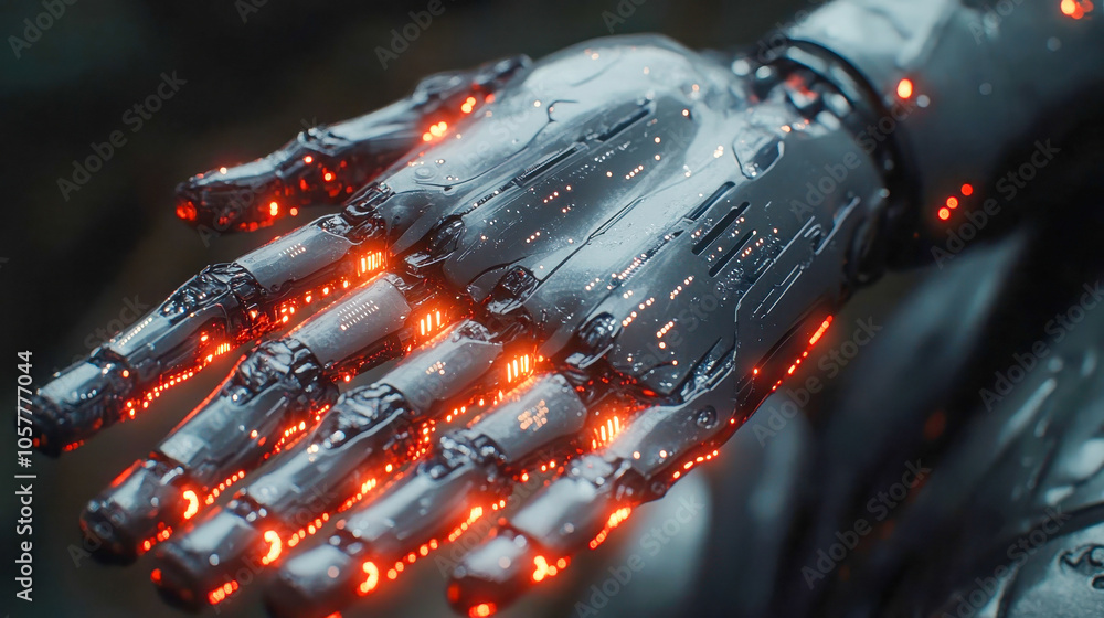Poster a robotic hand with illuminated circuits, symbolizing advanced robotics, artificial intelligence, an