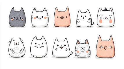 A collection of cute, happy cat doodles featuring various expressions and colors, perfect for adding charm to any design.