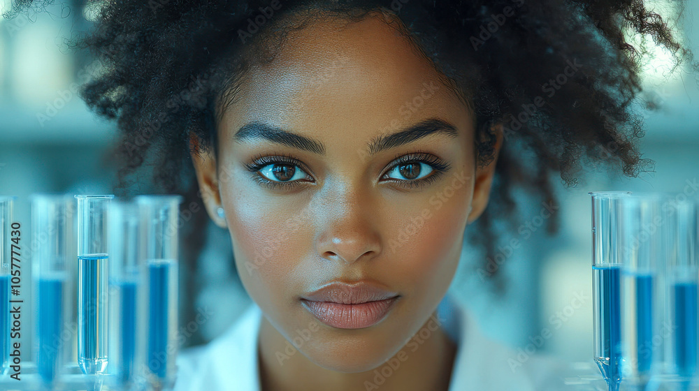Aufkleber close-up of a scientist in a laboratory with test tubes, exuding confidence and curiosity in a scien