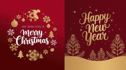 Naklejka premium Gold Christmas and New Year Typographical on red Xmas background with winter landscape with snowflakes, light, stars. Merry Christmas card. Vector Illustration