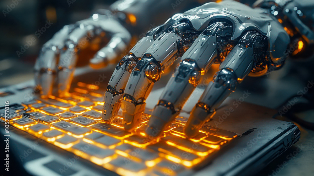 Poster close-up of robot hands typing on a laptop keyboard